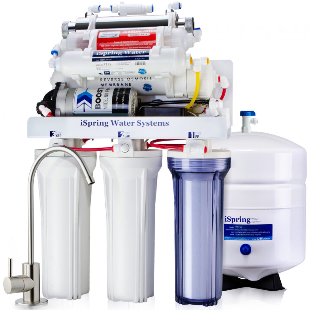 iSpring RCC1UP-AK 7 Stage 100 GPD UnderSink RO Drinking Water Filtration System With Booster Pump, Alkaline Ph+ Remineralization Filter And UV Filter